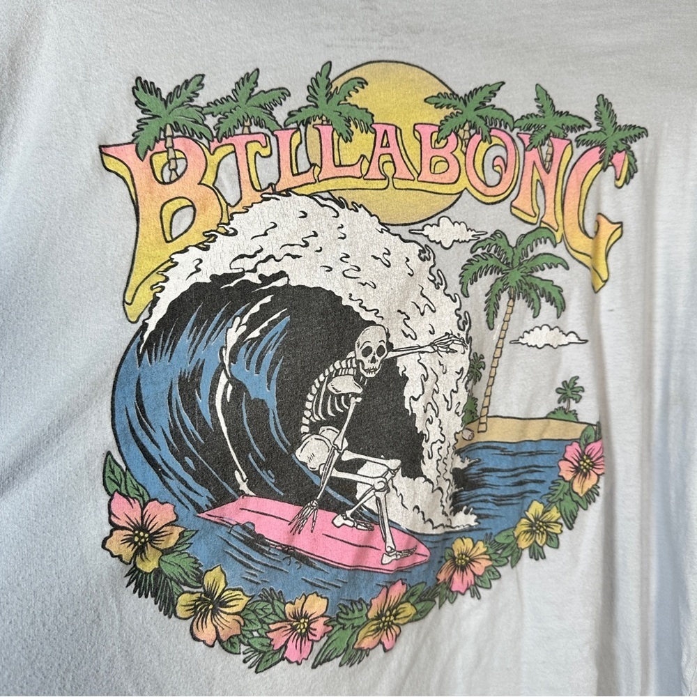 Billabong Skeleton Surfer Graphic Tee Light Blue Cotton Boyfriend Fit Small - Picture 3 of 10